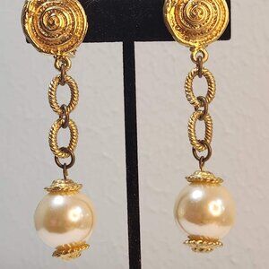 Vintage 1980s, Clip Earrings, Ornate Gold Toned Design, Faux Pearl Drop with Gol
